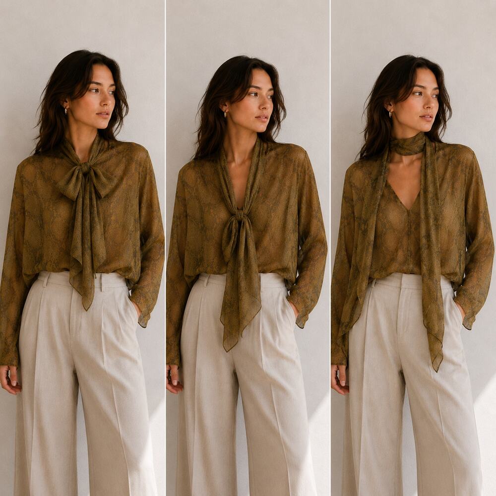 Massimo Dutti Olive Green Sheer Tie-Neck Blouse